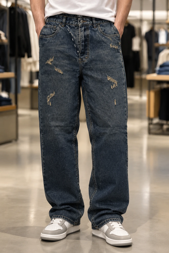 شلوار جین بگ مردانه زاپدار ایندیگو برند حامو | Hamo Oversize Washed Jeans | کد 29