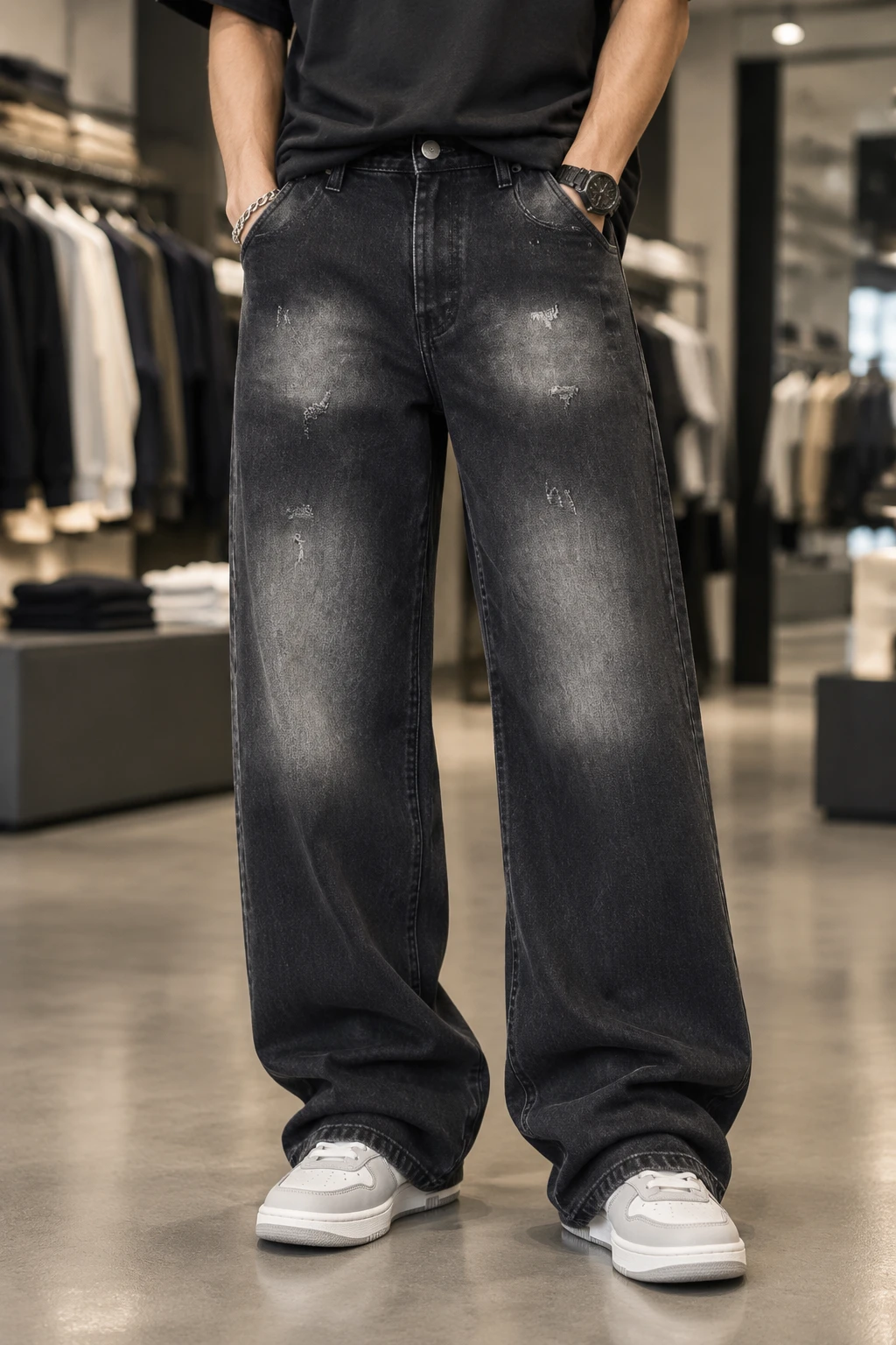 شلوار جین مردانه بگ با هایلایت ران Thigh Fade Wide Jeans حامو