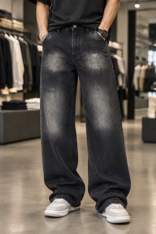 شلوار جین مردانه بگ با هایلایت ران Thigh Fade Wide Jeans حامو