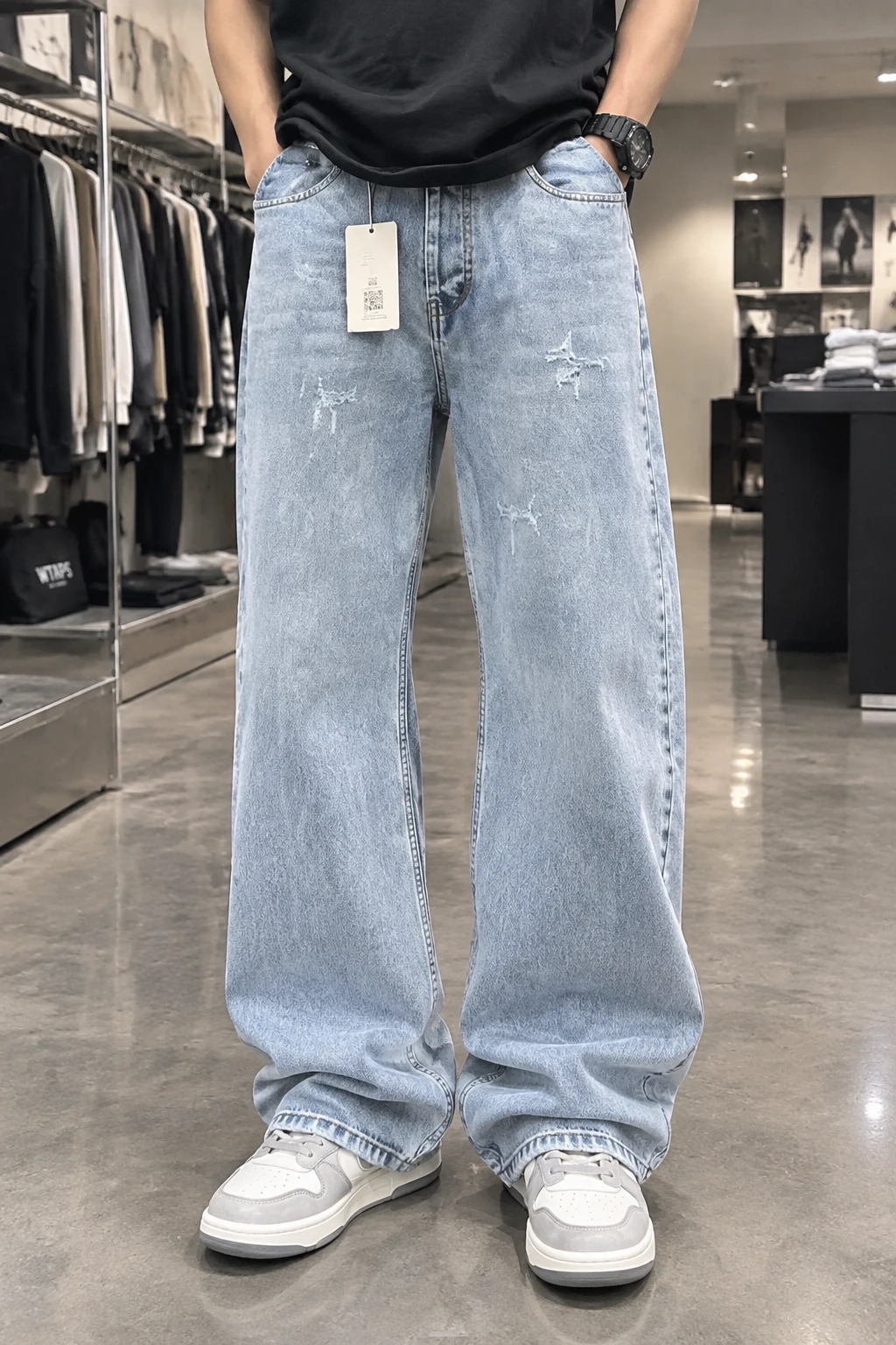 شلوار نیم بگ مردانه Y2K آبی روشن حامو | Hamo Streetwear Washed Jeans