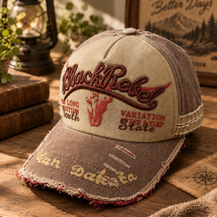 کلاه کپ وینتیج کرم و قهوهای گلدوزیشده حامو | Vintage Trucker Cap