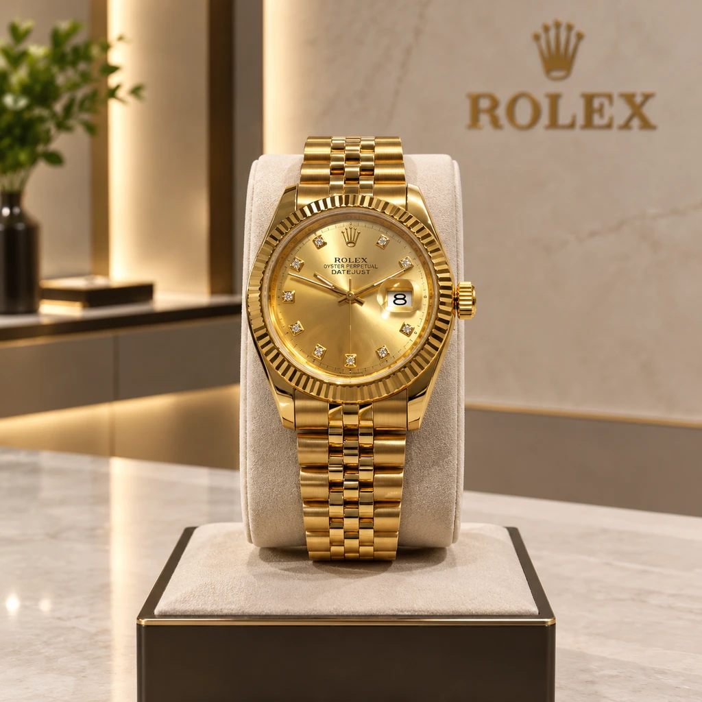 ساعت مچی رولکس طلایی استایل کلاسیک با صفحه نگین‌دار | Classic Gold Dress Watch – Hamo