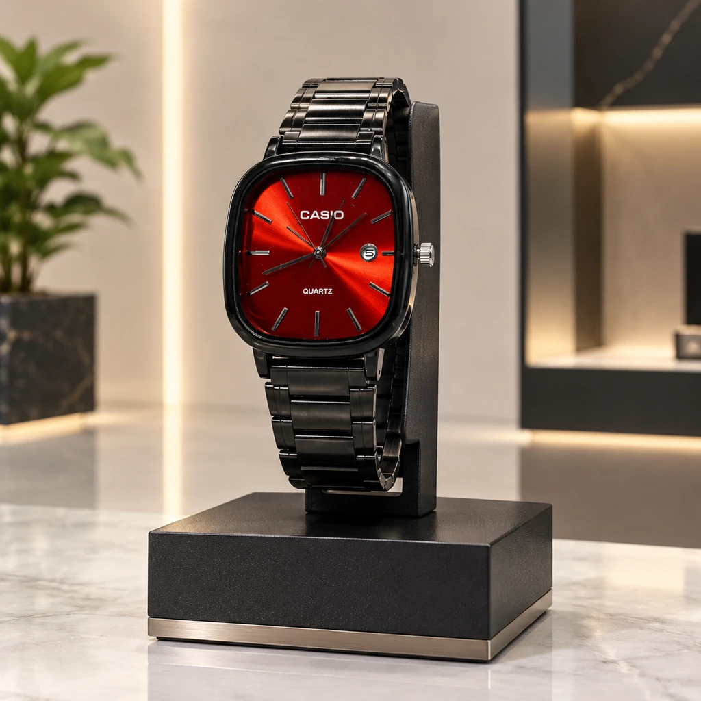 ساعت مچی مردانه بند مشکی با صفحه قرمز درخشان | Black Red Sunburst Dial Watch – Hamo