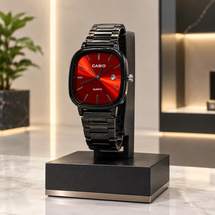 ساعت مچی مردانه بند مشکی با صفحه قرمز درخشان | Black Red Sunburst Dial Watch – Hamo