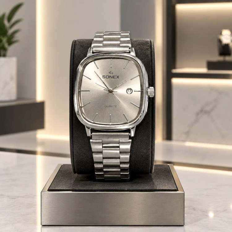 ساعت مچی بند فلزی استیل با صفحه سانبرست | Sunburst Silver Dial Watch – Hamo Edit