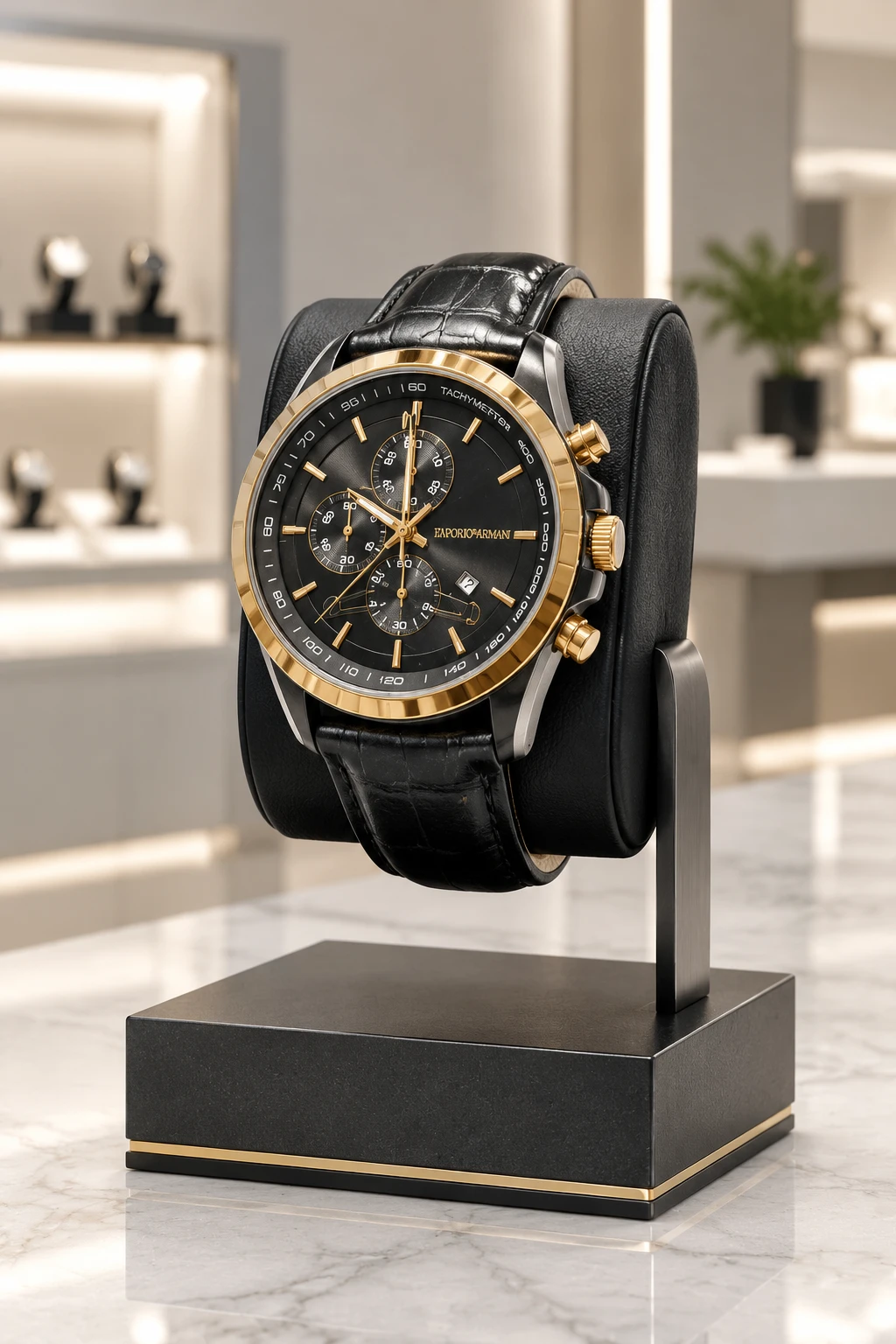 ساعت موتور ژاپن مچی عقربه‌ای طلایی‌مشکی با بند چرم کروکو | Croco Strap Black Gold Watch – Hamo