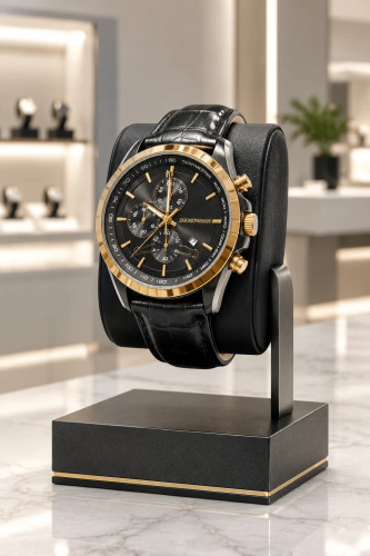 ساعت موتور ژاپن مچی عقربهای طلاییمشکی با بند چرم کروکو | Croco Strap Black Gold Watch – Hamo