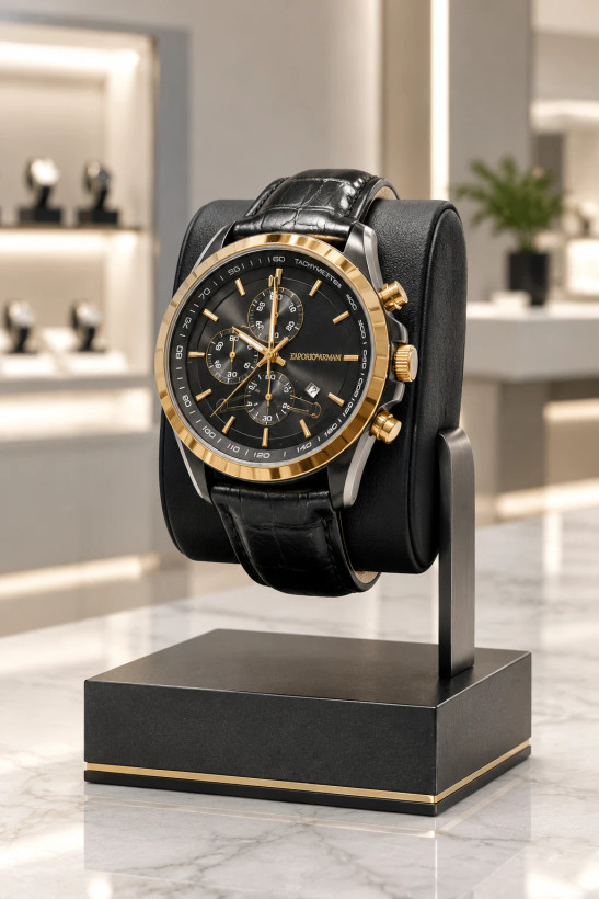 ساعت موتور ژاپن مچی عقربهای طلاییمشکی با بند چرم کروکو | Croco Strap Black Gold Watch – Hamo