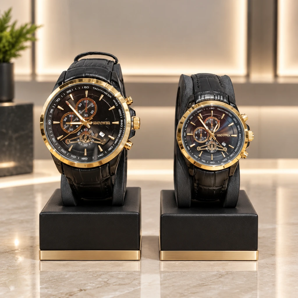 ست موتور ژاپن رنگ ثابت ساعت مچی کرونوگراف اسپرت‌کلاسیک مشکی‌طلایی | Classic Sport Black & Gold Watch Set – Hamo