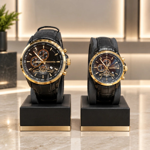 ست موتور ژاپن رنگ ثابت ساعت مچی کرونوگراف اسپرتکلاسیک مشکیطلایی | Classic Sport Black & Gold Watch Set – Hamo