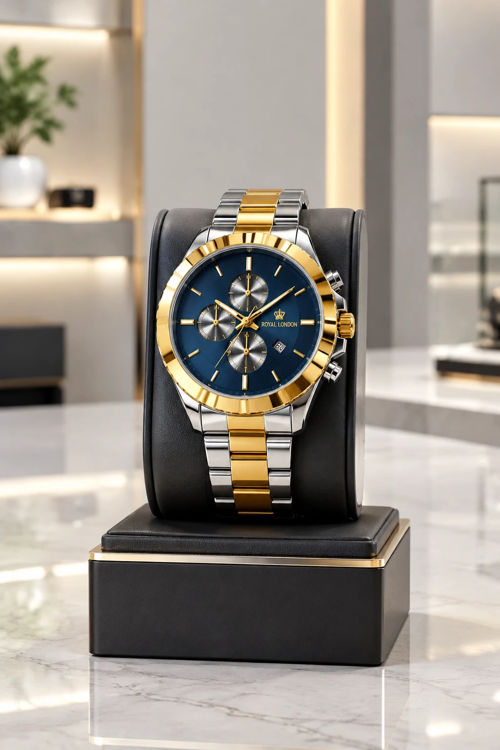 ساعت مچی مدرن دورنگ استیل و طلایی با تاریخ‌شمار | Modern Two-Tone Date Watch – Hamo