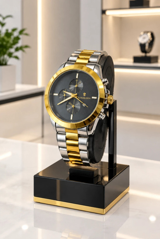 ساعت مچی مردانه دورنگ استیل و طلایی صفحه مشکی | Two-Tone Black & Gold Watch – Hamo