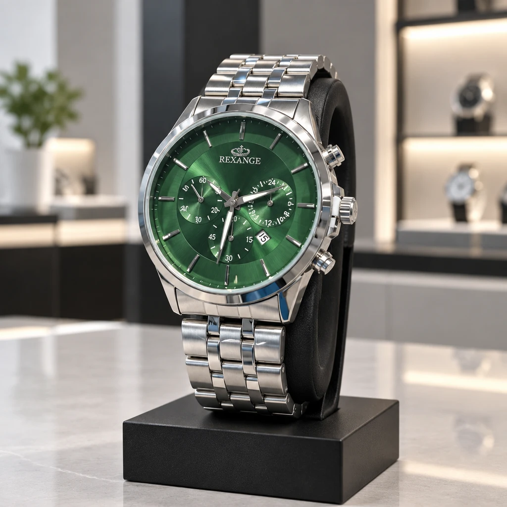 ساعت مچی مردانه رسمی مجلسی برند الگانس ELEGANCE فریم استیل صفحه سبز یشمی