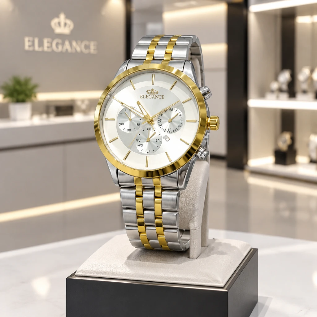 ساعت مچی مردانه رسمی مجلسی برند الگانس ELEGANCE فریم استیل دو رنگ صفحه صدفی